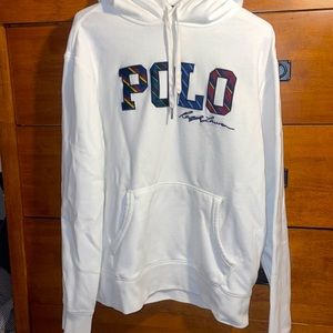 Men’s White Polo Hoodie w/ Boston Common Lettering and small pony logo on sleeve